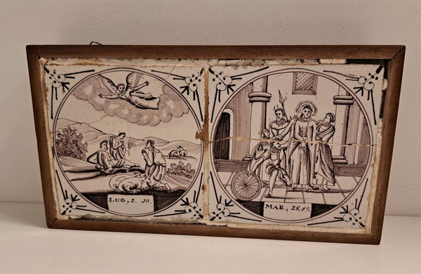 Antieke tegeltableau met Bijbelse voorstelling, 17e eeuw.